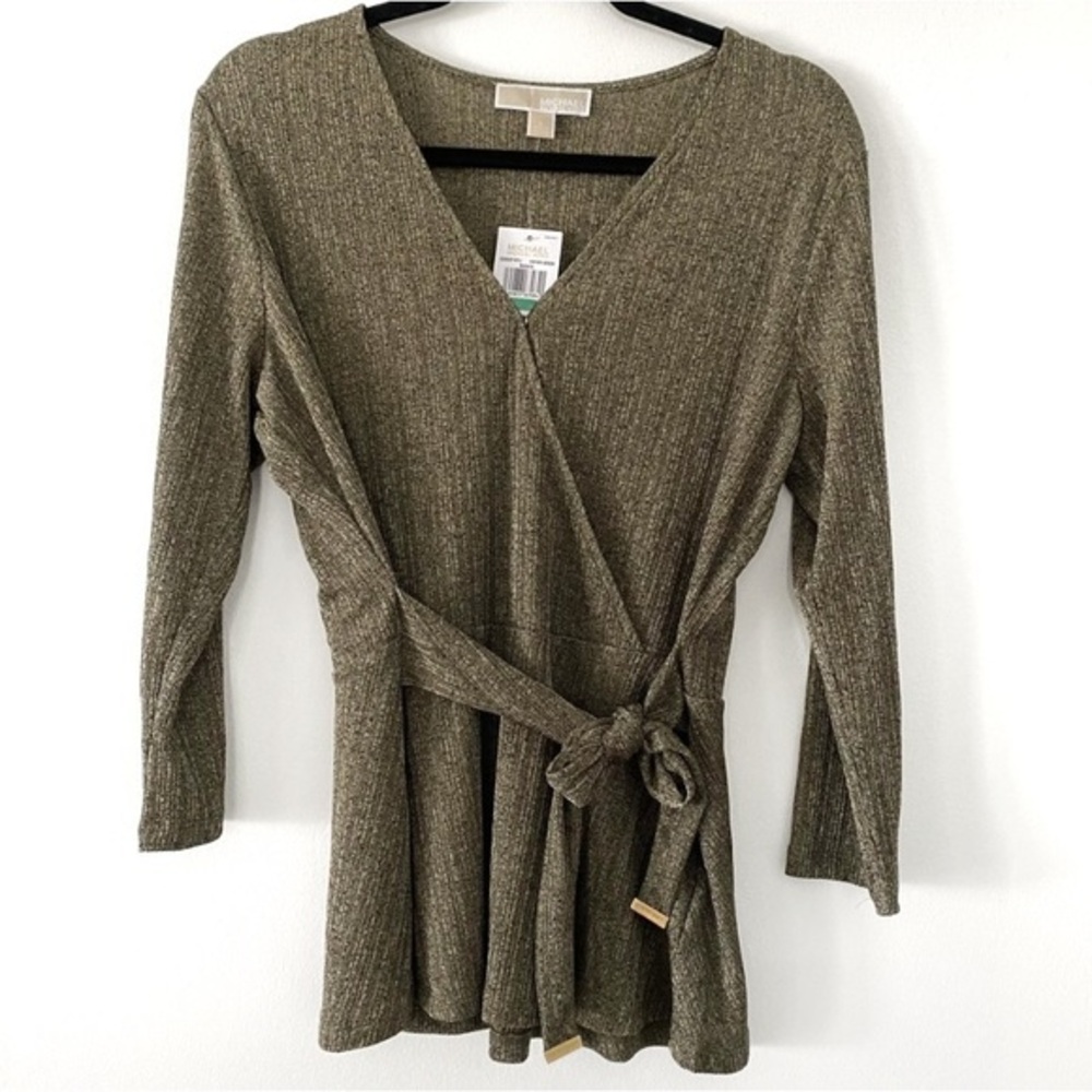 Michael Kors Olive Green V Neck Wrap tie up blouse women’s size L